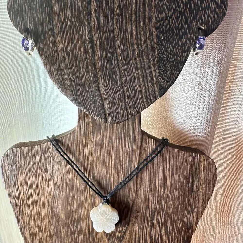 Small Moonstone Flower Pendant Necklace on Black Rope, Subtle Blue Flash - Picture 3 of 15